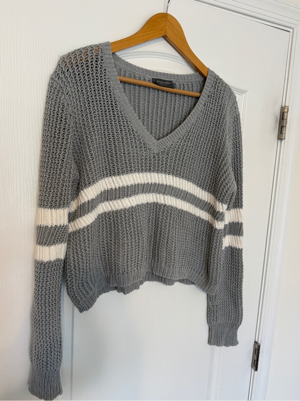 Wooden Ships Gray V-Neck Open Knit Sweater with White Stripes